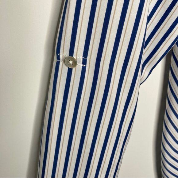 Chico's Wms Sz 0 Blue White Gold Striped Button Up Blouse Career Casual Roll Tab - Picture 7 of 11